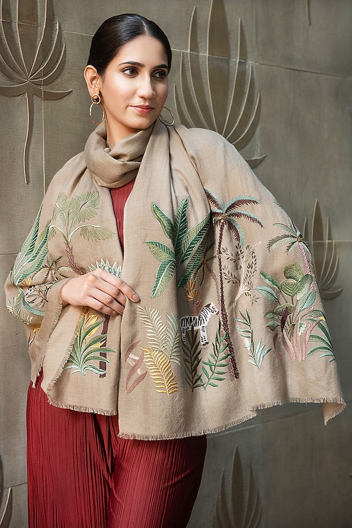 Woodsmoke Silk Motif Hand Embroidered Handcrafted Stole by Mauli Cashmere at Pernia's Pop Up Shop