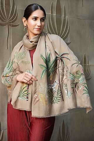 Woodsmoke Silk Motif Hand Embroidered Handcrafted Stole by Mauli Cashmere