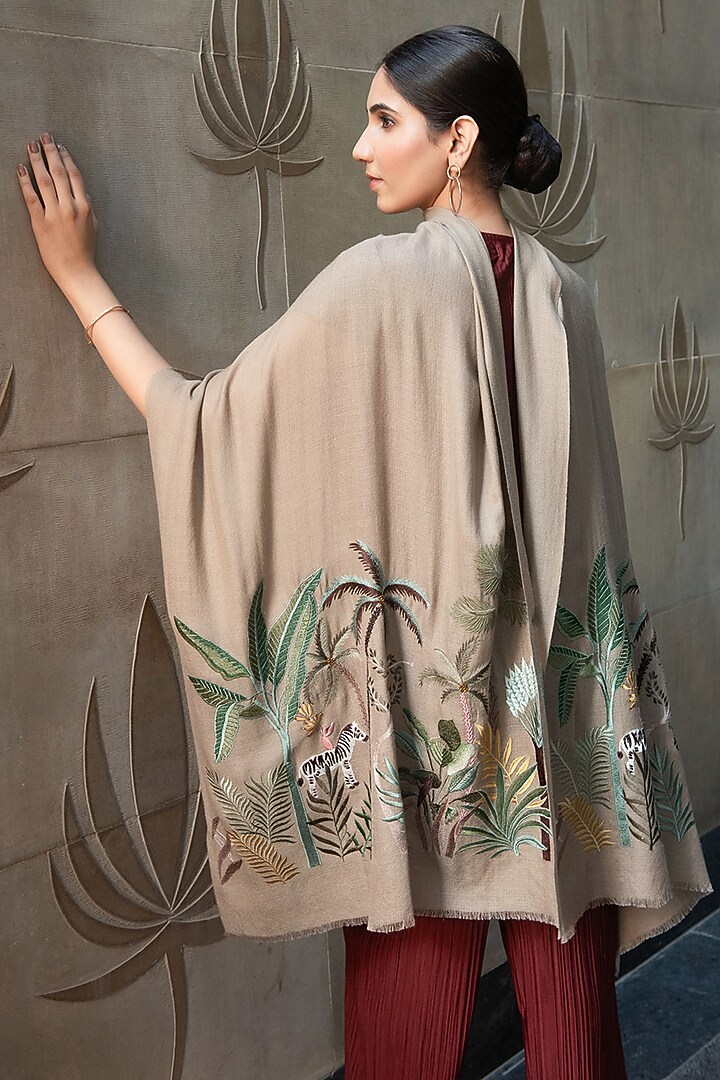Woodsmoke Silk Motif Hand Embroidered Handcrafted Stole by Mauli Cashmere at Pernia's Pop Up Shop