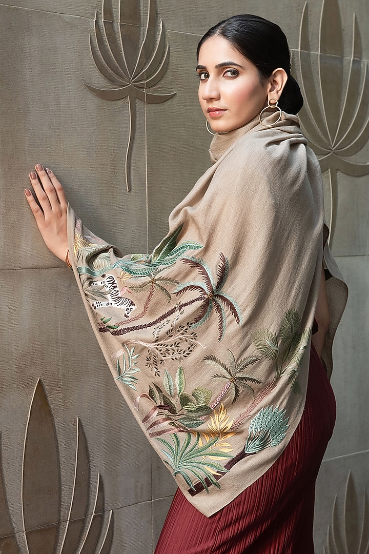 Woodsmoke Silk Motif Hand Embroidered Handcrafted Stole by Mauli Cashmere at Pernia's Pop Up Shop