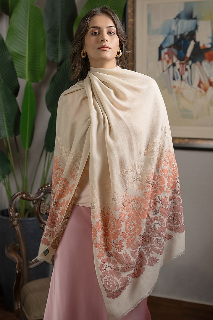 Beige Silk Floral Hand Embroidered Handcrafted Shawl by Mauli Cashmere at Pernia's Pop Up Shop