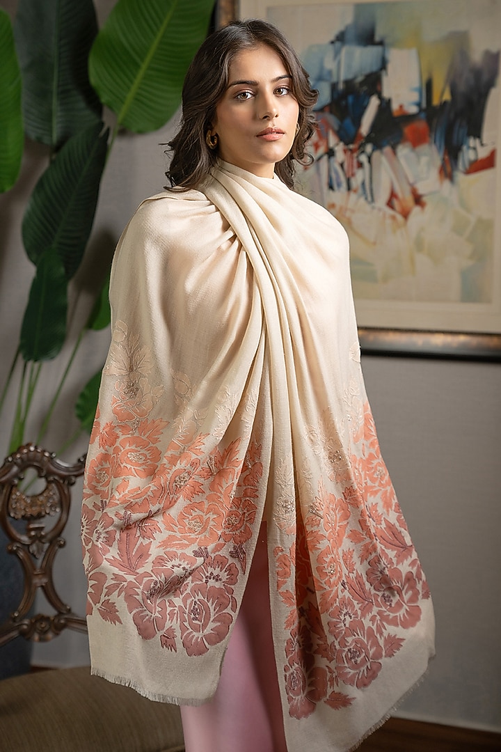 Beige Silk Floral Hand Embroidered Handcrafted Shawl by Mauli Cashmere at Pernia's Pop Up Shop