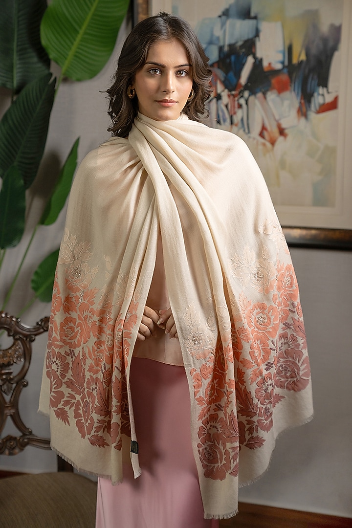 Beige Silk Floral Hand Embroidered Handcrafted Shawl by Mauli Cashmere at Pernia's Pop Up Shop