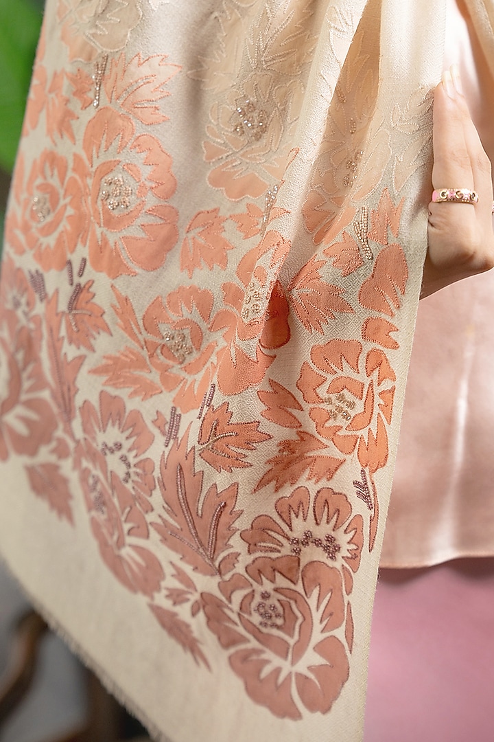 Beige Silk Floral Hand Embroidered Handcrafted Shawl by Mauli Cashmere at Pernia's Pop Up Shop