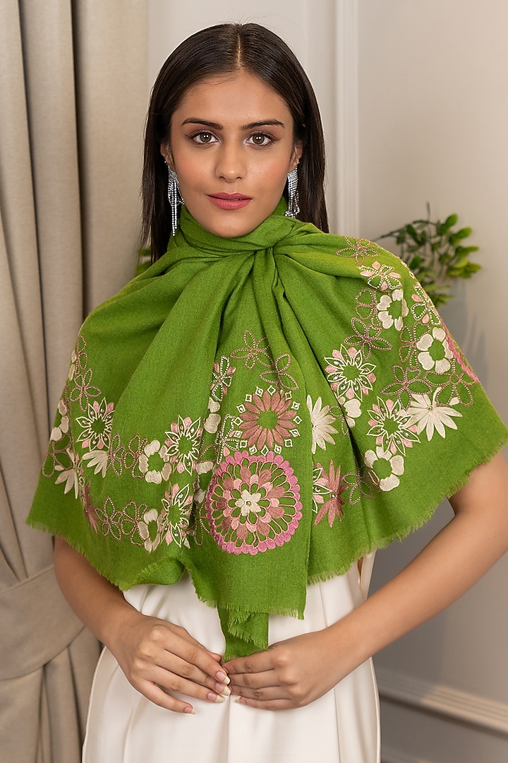 Lime Green Silk Bead Embroidered Handcrafted Stole by Mauli Cashmere at Pernia's Pop Up Shop