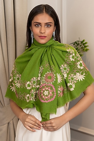 Lime Green Silk Bead Embroidered Handcrafted Stole by Mauli Cashmere