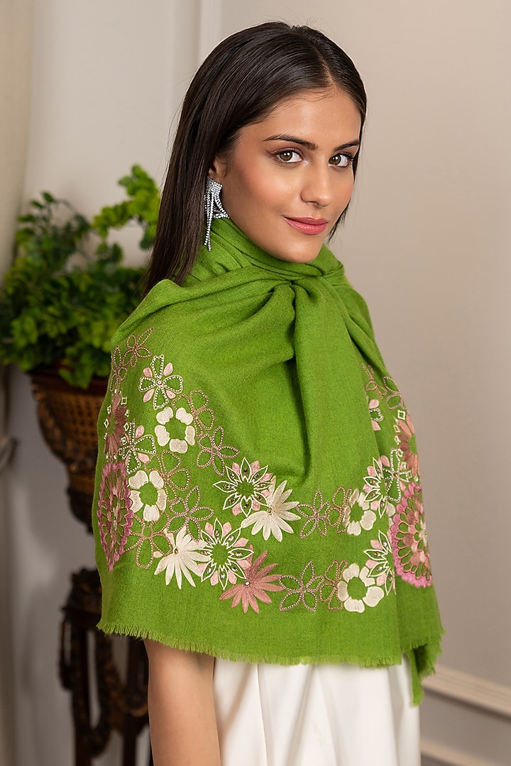 Lime Green Silk Bead Embroidered Handcrafted Stole by Mauli Cashmere at Pernia's Pop Up Shop