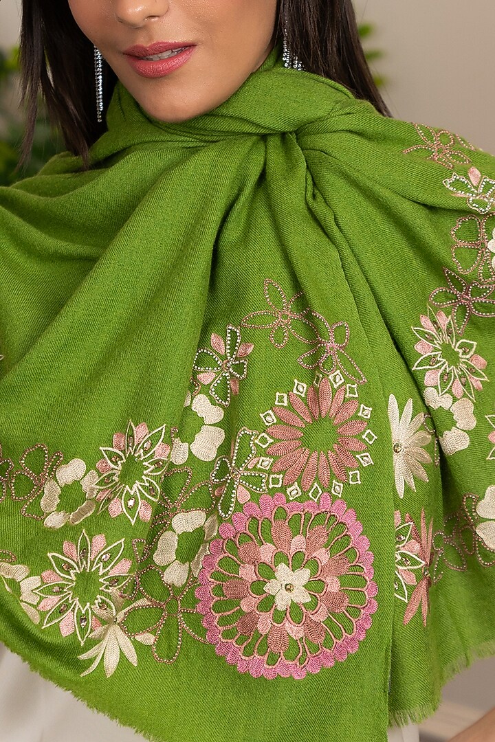 Lime Green Silk Bead Embroidered Handcrafted Stole by Mauli Cashmere at Pernia's Pop Up Shop
