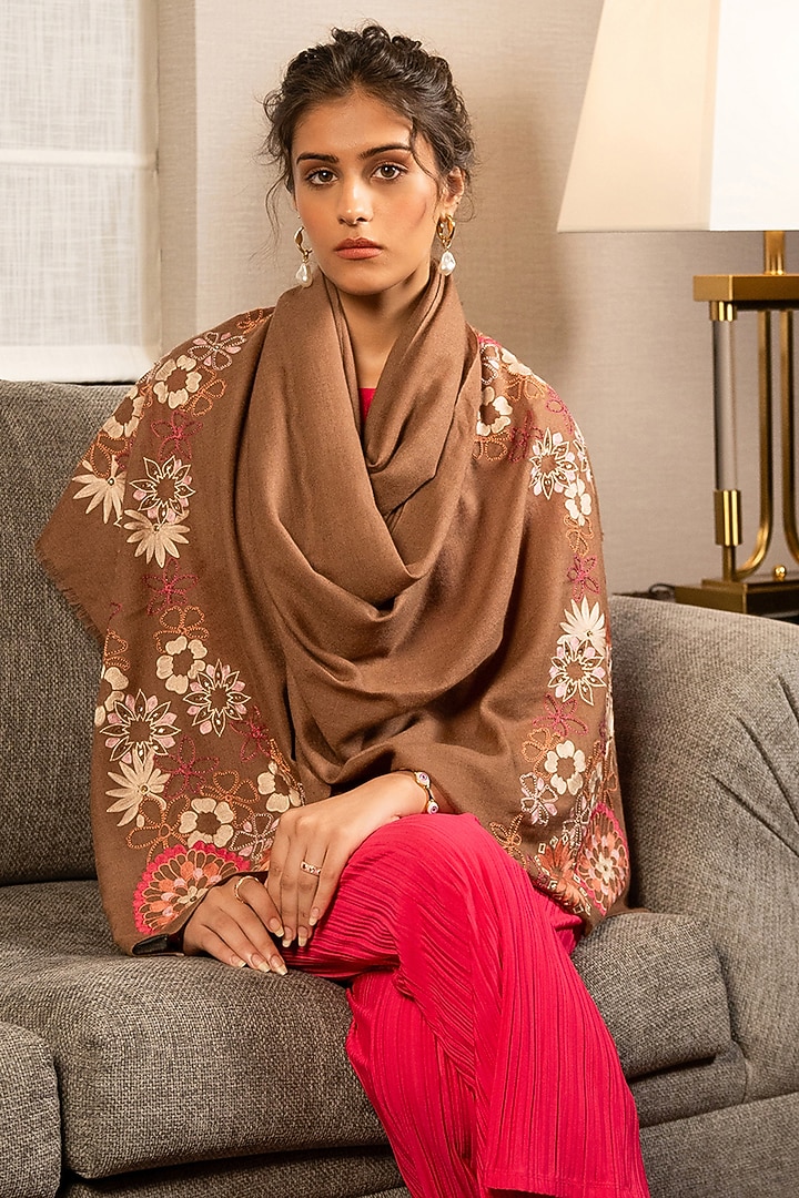 Toasted Nut Silk Bead Embroidered Handcrafted Stole by Mauli Cashmere at Pernia's Pop Up Shop