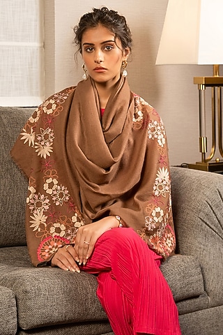 Toasted Nut Silk Bead Embroidered Handcrafted Stole by Mauli Cashmere
