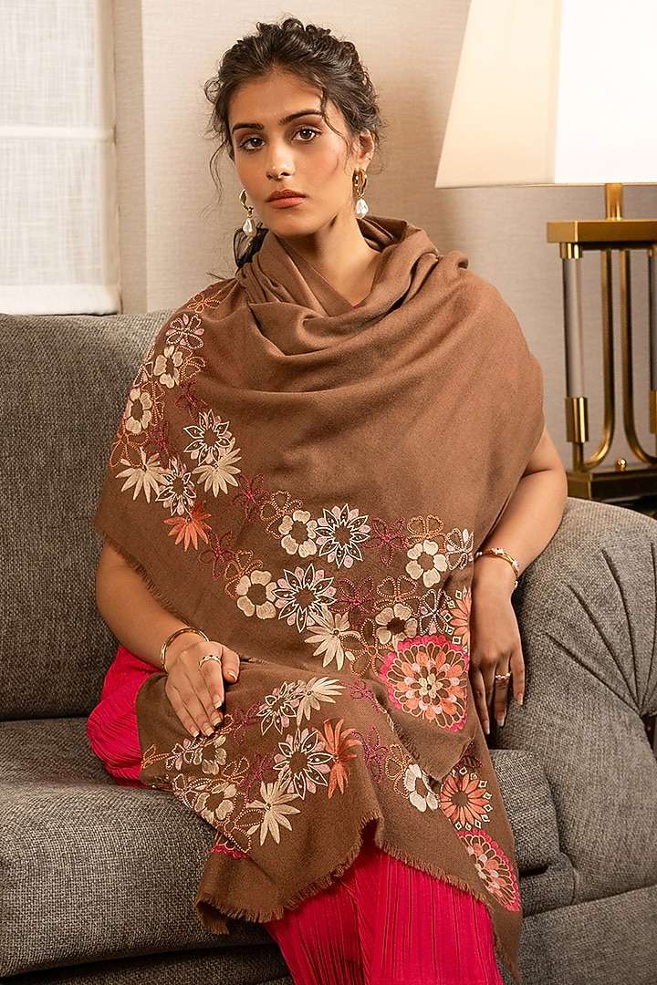 Toasted Nut Silk Bead Embroidered Handcrafted Stole by Mauli Cashmere at Pernia's Pop Up Shop