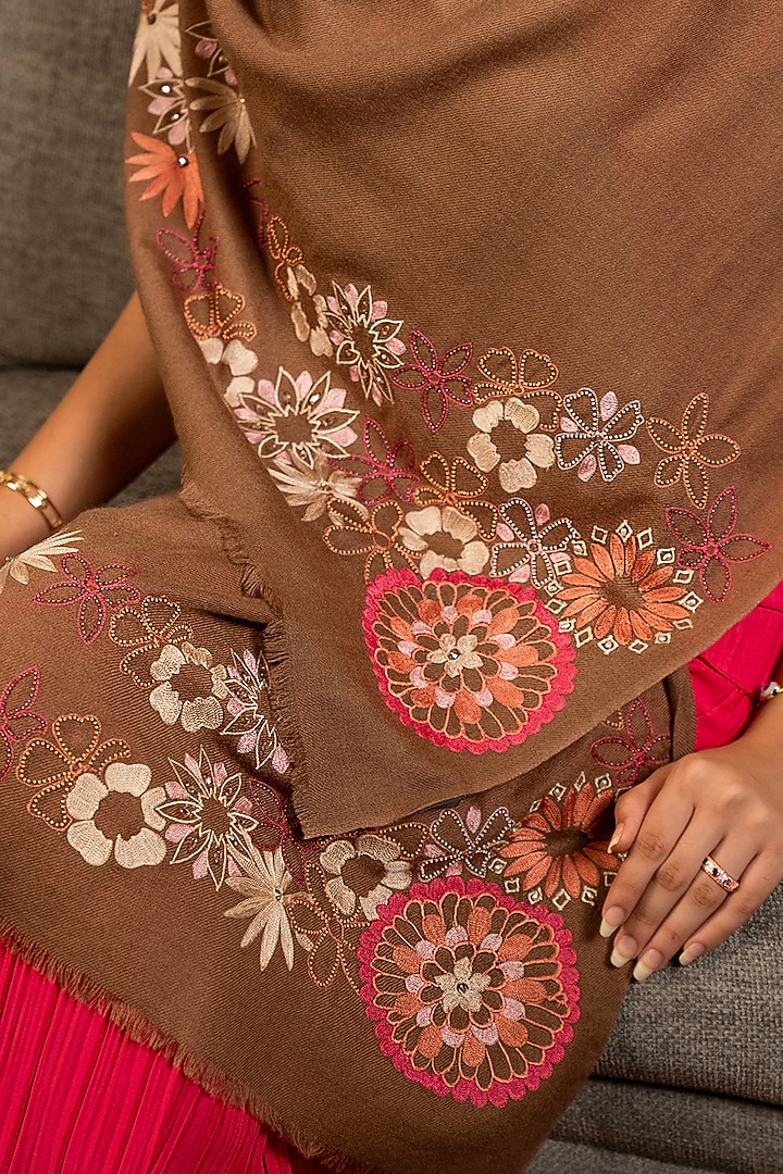 Toasted Nut Silk Bead Embroidered Handcrafted Stole by Mauli Cashmere at Pernia's Pop Up Shop