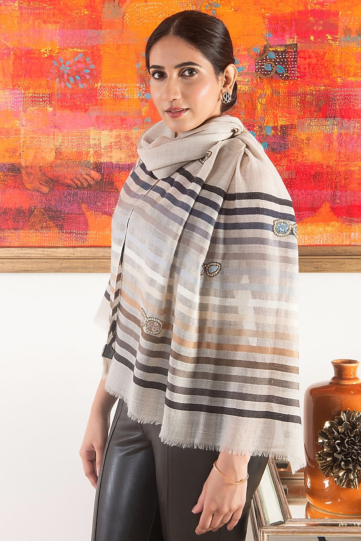Light Grey & Beige Wool Silk Striped Stole by Mauli Cashmere at Pernia's Pop Up Shop