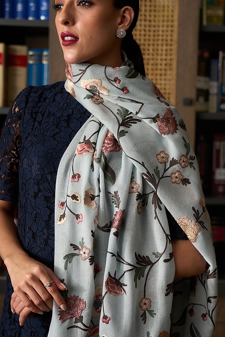 Blue Cashmere Floral Embroidered Stole by Mauli Cashmere at Pernia's Pop Up Shop