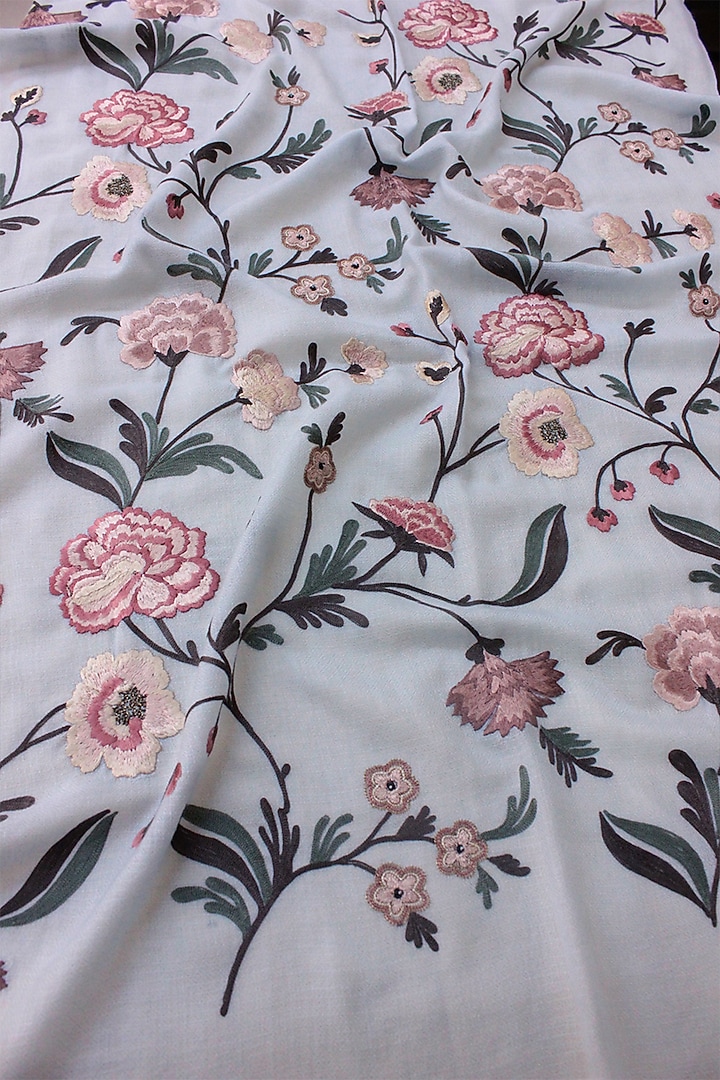 Powder Blue Cashmere Floral Embroidered Stole by Mauli Cashmere at Pernia's Pop Up Shop