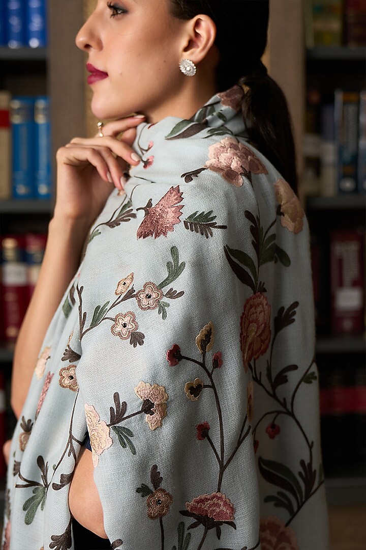 Powder Blue Cashmere Floral Embroidered Stole by Mauli Cashmere at Pernia's Pop Up Shop
