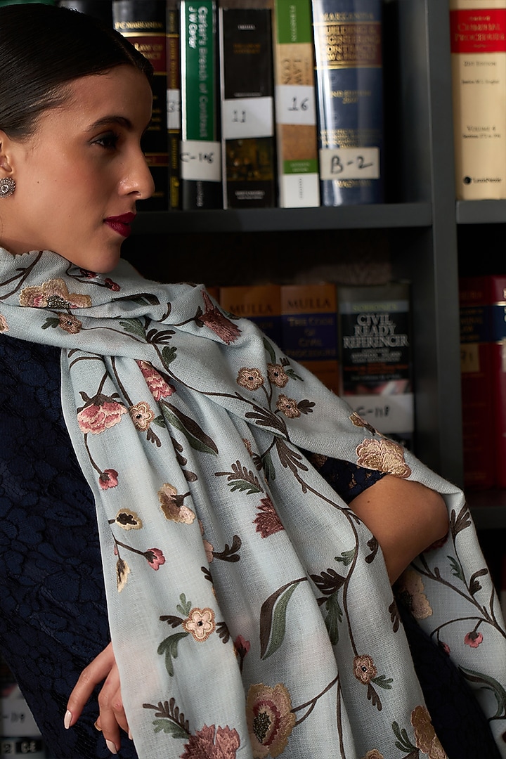 Powder Blue Cashmere Floral Embroidered Stole by Mauli Cashmere at Pernia's Pop Up Shop