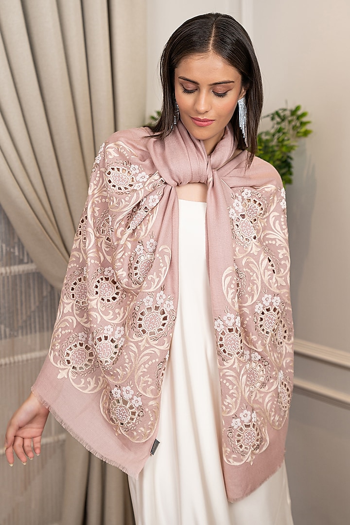 Beige Wool Silk Floral Embroidered Stole by Mauli Cashmere at Pernia's Pop Up Shop