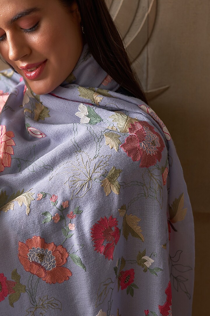 Blue Cashmere Golden Beads Embroidered Stole by Mauli Cashmere at Pernia's Pop Up Shop
