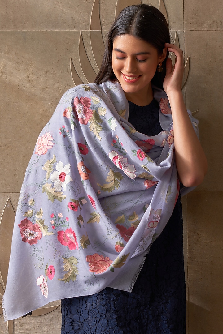 Blue Cashmere Golden Beads Embroidered Stole by Mauli Cashmere at Pernia's Pop Up Shop