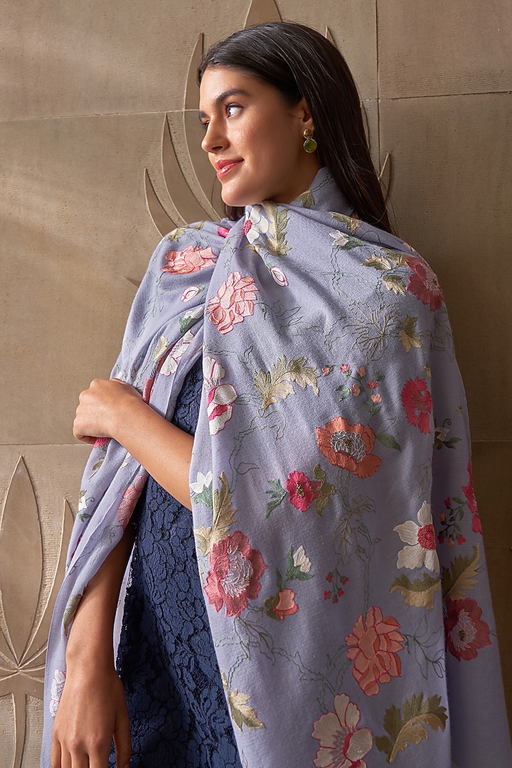 Blue Cashmere Golden Beads Embroidered Stole by Mauli Cashmere at Pernia's Pop Up Shop