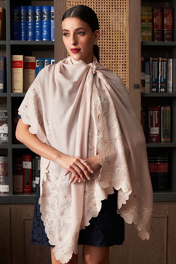 Pink Wool Silk Cutwork Embroidered Stole by Mauli Cashmere at Pernia's Pop Up Shop