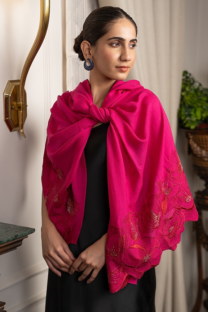 Pink Wool Silk Cutwork Embroidered Stole by Mauli Cashmere at Pernia's Pop Up Shop