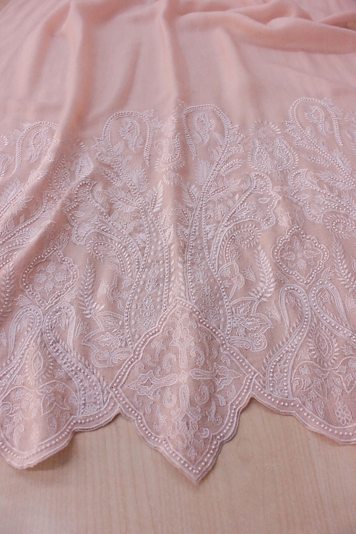 Pink Merino Wool Thread Work & Paisley Crest Embroidered Stole by Mauli Cashmere at Pernia's Pop Up Shop