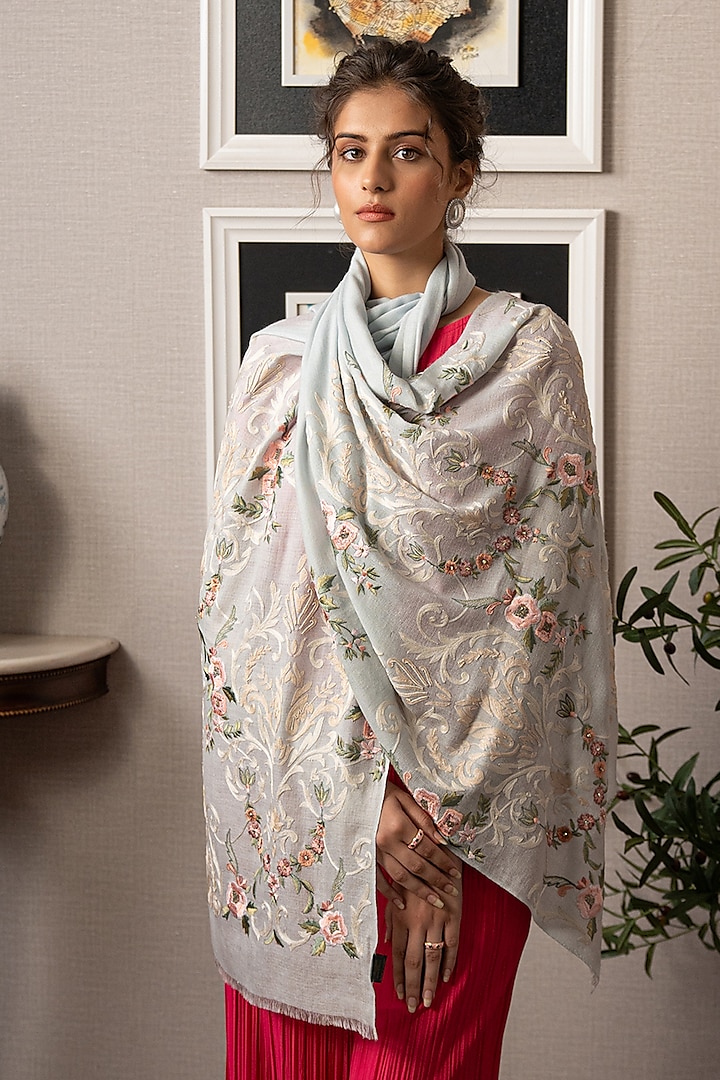 Pink Wool Silk Floral Embroidered Stole by Mauli Cashmere at Pernia's Pop Up Shop