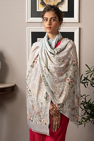 Pink Wool Silk Floral Embroidered Stole by Mauli Cashmere