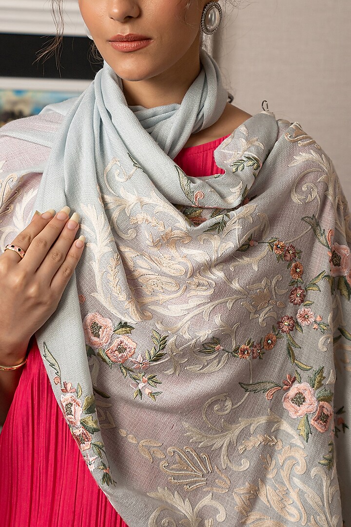 Pink Wool Silk Floral Embroidered Stole by Mauli Cashmere at Pernia's Pop Up Shop