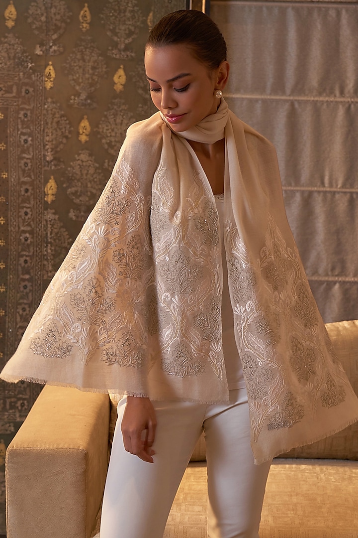 Beige Cashmere Thread Embroidered Stole by Mauli Cashmere at Pernia's Pop Up Shop