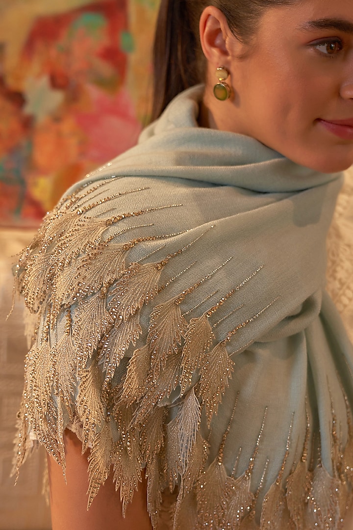 Blue Merino Wool Leaf Embroidered Stole by Mauli Cashmere at Pernia's Pop Up Shop