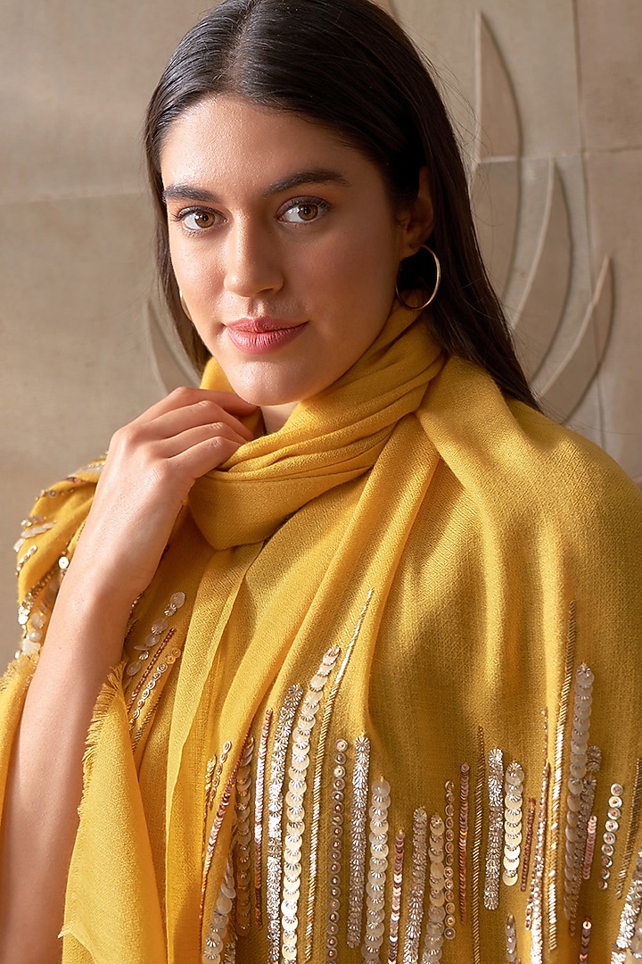 Yellow Wool Silk Embroidered Stole by Mauli Cashmere at Pernia's Pop Up Shop