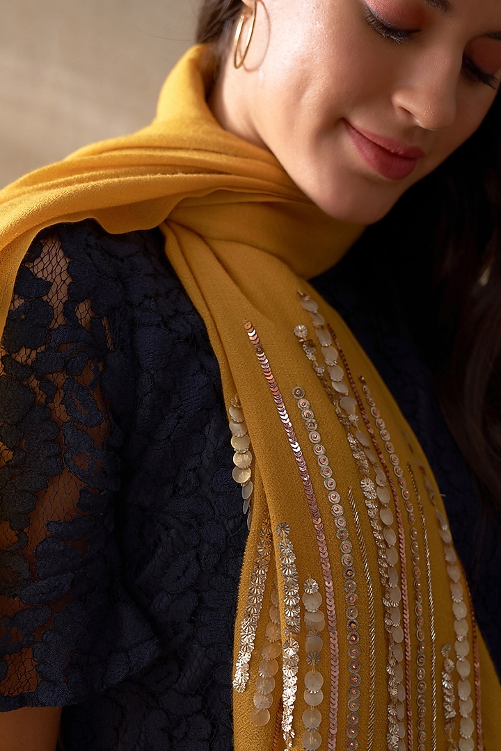 Yellow Wool Silk Embroidered Stole by Mauli Cashmere at Pernia's Pop Up Shop