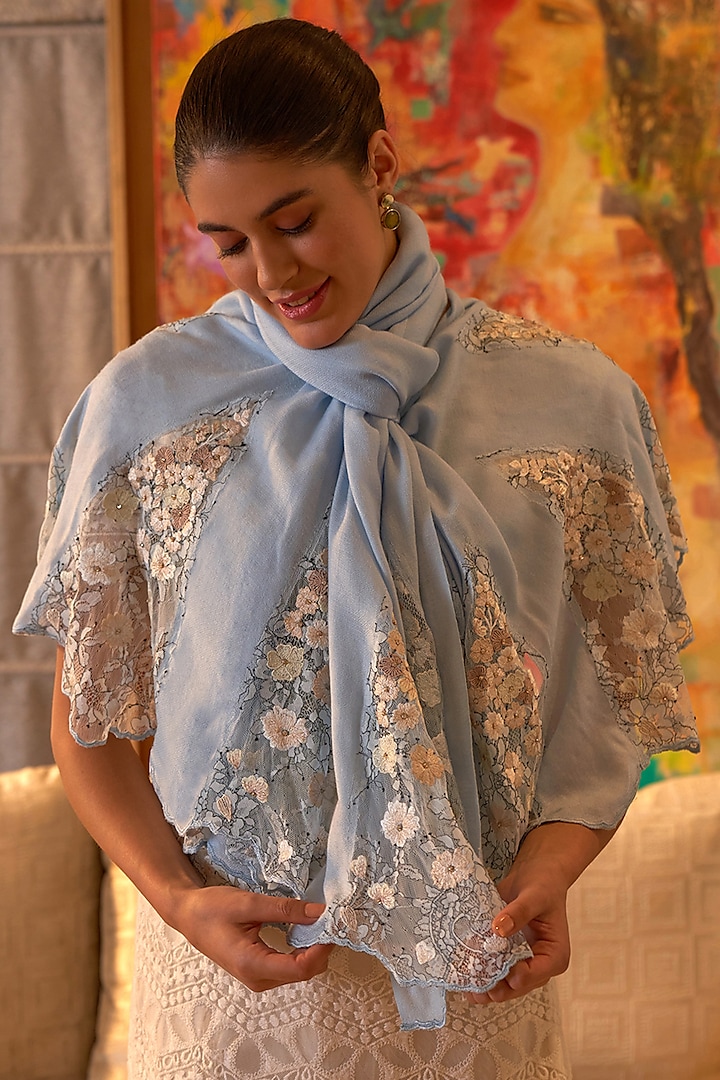 Powder Blue Wool Silk Floral Embroidered Stole by Mauli Cashmere at Pernia's Pop Up Shop