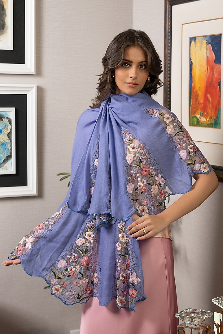 Powder Blue Wool Silk Floral Embroidered Stole by Mauli Cashmere at Pernia's Pop Up Shop