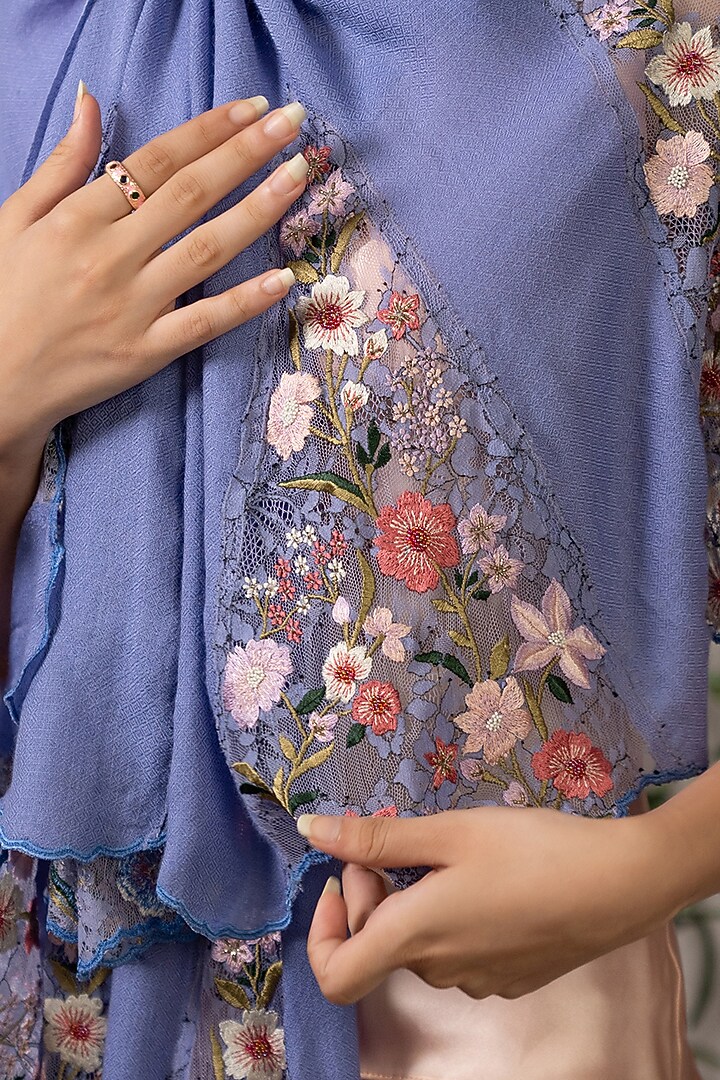 Periwinkle Wool & Silk Floral Lace Embroidered Stole by Mauli Cashmere at Pernia's Pop Up Shop