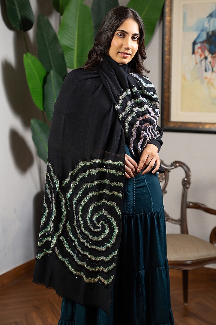 Black Wool Silk Embroidered Stole by Mauli Cashmere at Pernia's Pop Up Shop