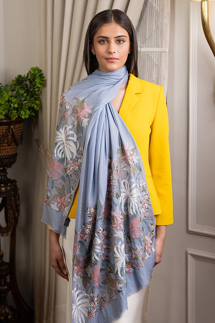 Blue Wool Silk Floral Embroidered Stole by Mauli Cashmere at Pernia's Pop Up Shop