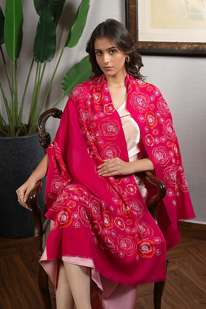 Pink Wool Silk Floral Embroidered Stole by Mauli Cashmere at Pernia's Pop Up Shop