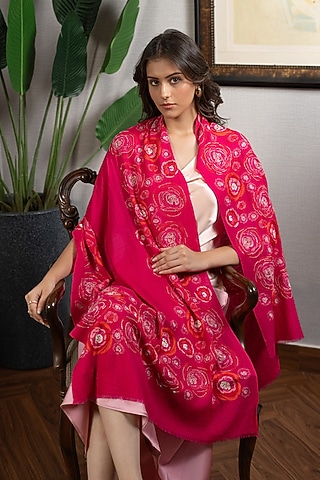 Pink Wool Silk Floral Embroidered Stole by Mauli Cashmere