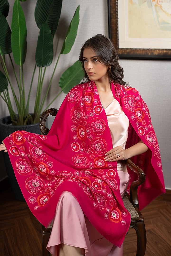 Pink Wool Silk Floral Embroidered Stole by Mauli Cashmere at Pernia's Pop Up Shop