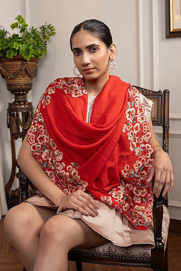 Red Wool Silk Floral Embroidered Stole by Mauli Cashmere at Pernia's Pop Up Shop