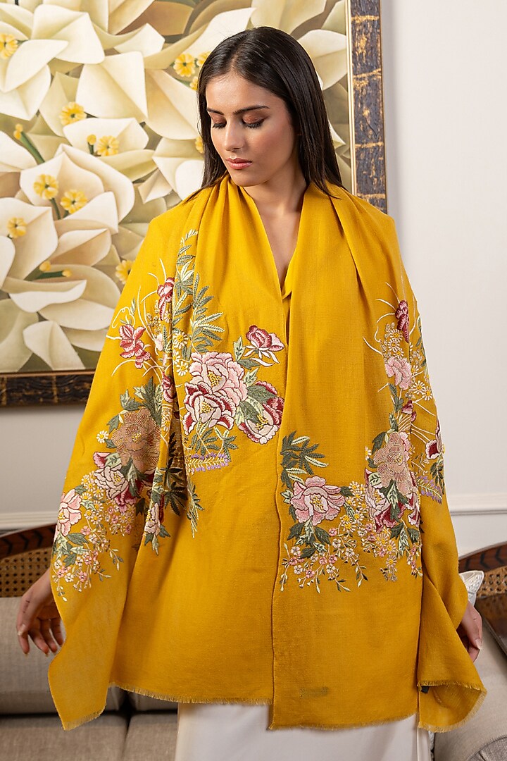 Yellow Fine Merino Floral Embroidered Stole by Mauli Cashmere at Pernia's Pop Up Shop