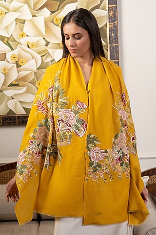 Yellow Fine Merino Floral Embroidered Stole by Mauli Cashmere