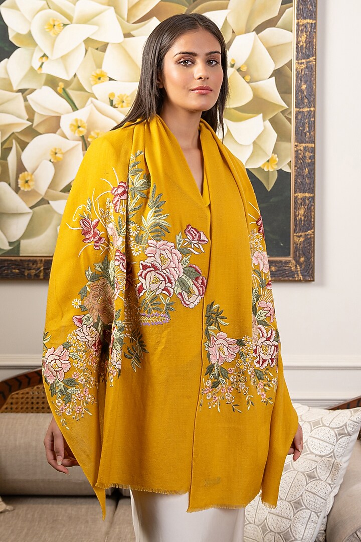 Yellow Fine Merino Floral Embroidered Stole by Mauli Cashmere at Pernia's Pop Up Shop