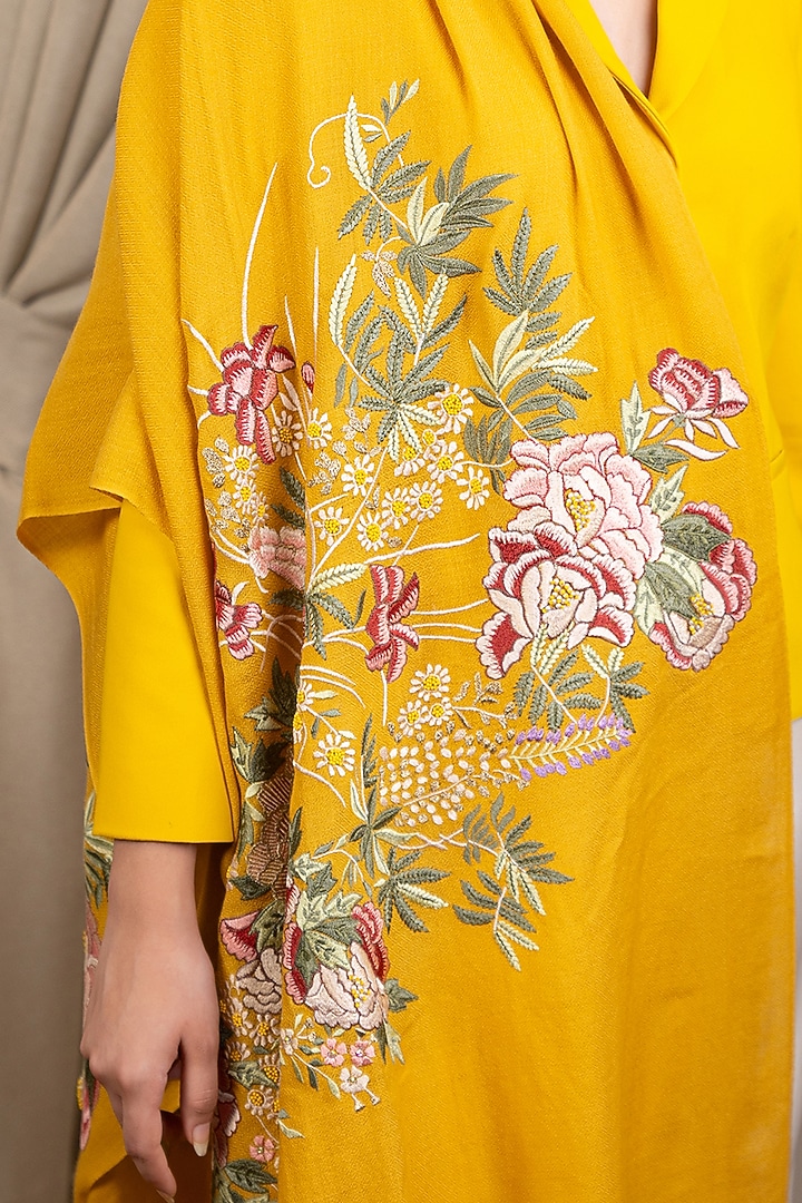 Yellow Fine Merino Floral Embroidered Stole by Mauli Cashmere at Pernia's Pop Up Shop