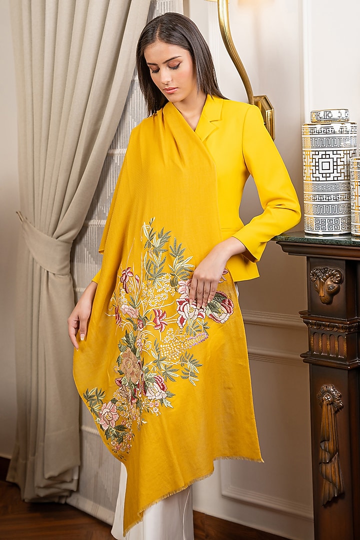 Yellow Fine Merino Floral Embroidered Stole by Mauli Cashmere at Pernia's Pop Up Shop