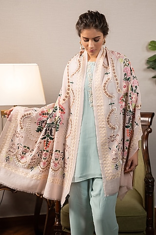 Pink Cashmere Embroidered Stole by Mauli Cashmere